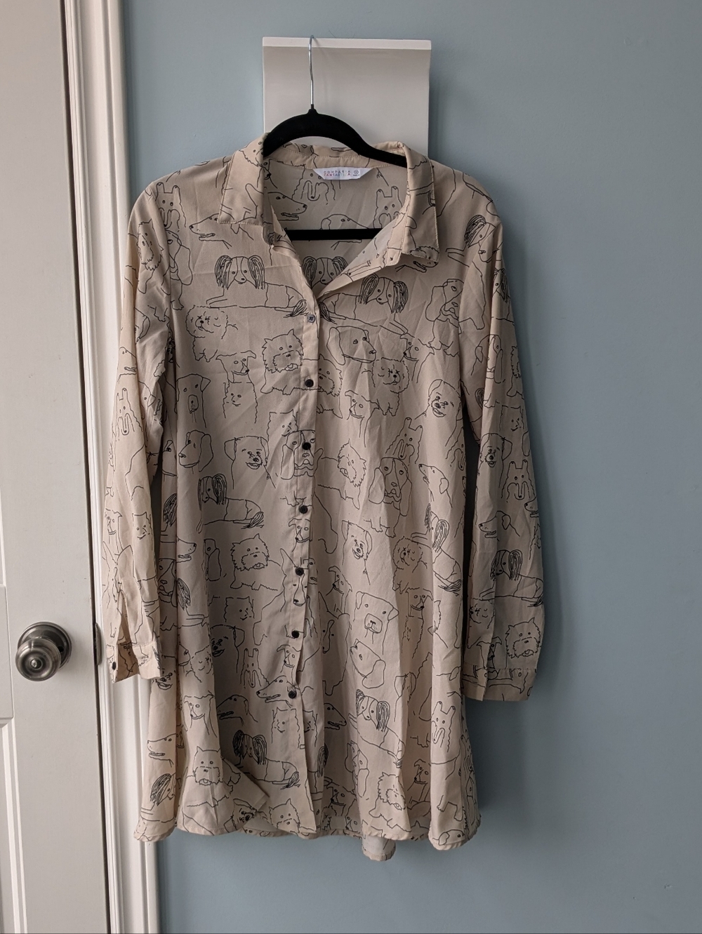 Button-Front Tunic Shirtdress with Dog Sketch Print - Beige